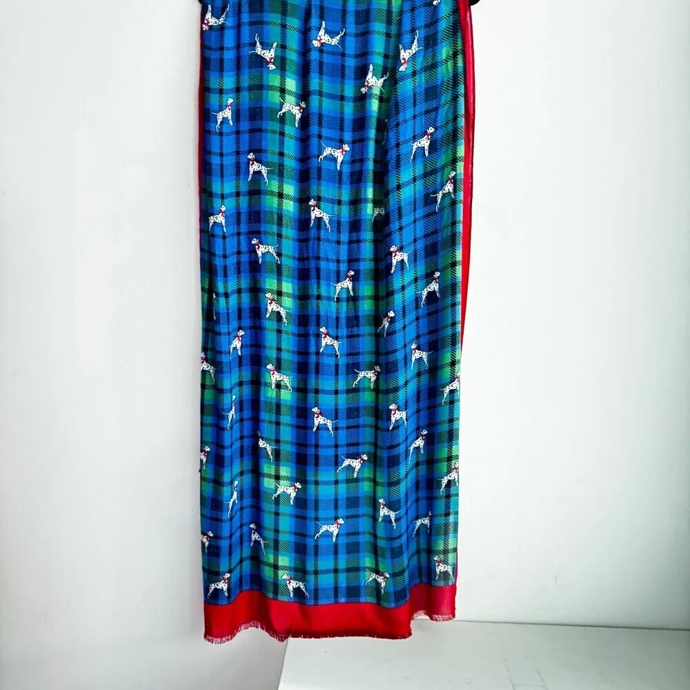 Talbots Green Blue Plaid Dog Dalmatian Print Lightweight Scarf